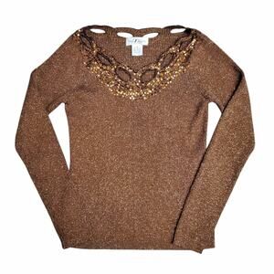 Y2k Sweater Sparkly 90's Cutouts Gold Sparkle Rhinestone Brown - Size Small